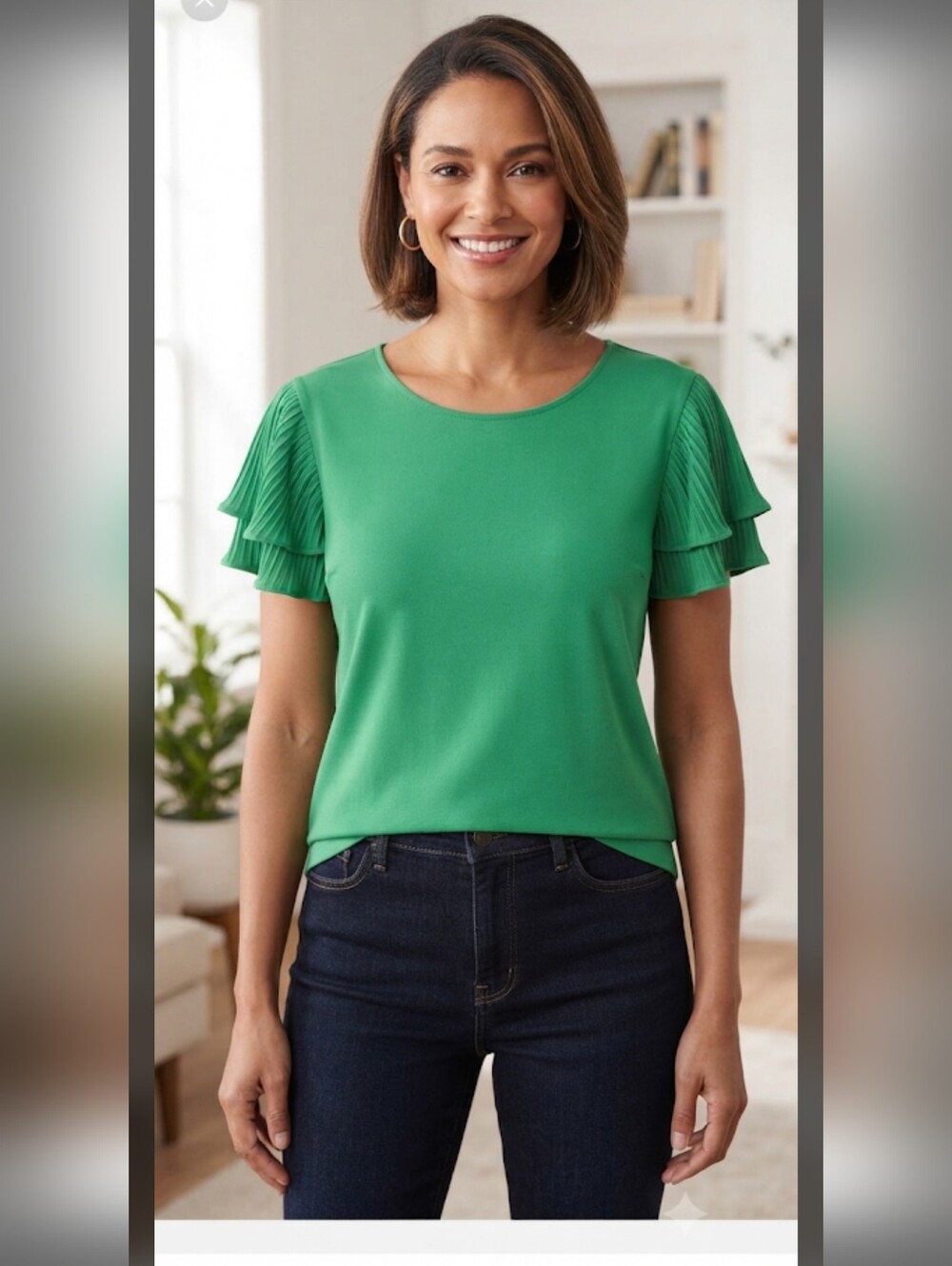 Adrianna Papell Green Pleated Flutter Sleeve Top